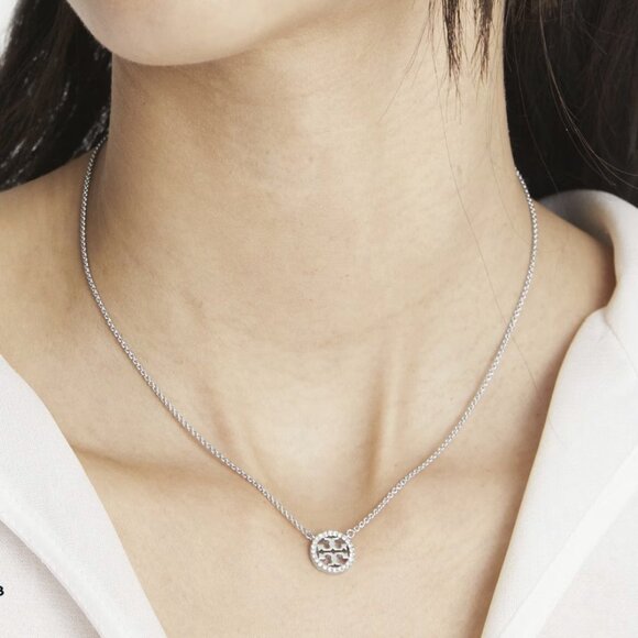 NEW Tory Burch Miller Pave Logo Delicate Necklace Gold Pink Crystal 18K Gold - Picture 7 of 7